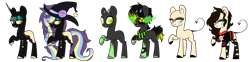 Size: 2272x567 | Tagged: safe, artist:lullabyprince, artist:rukemon, oc, oc only, oc:acute toxicity, oc:lustful thrill, oc:pyrite (witch), earth pony, pony, unicorn, bandage, bandana, base used, blank flank, clothes, coat markings, eyepatch, eyeshadow, female, fishnet stockings, flower, freckles, friday the 13th, hat, heterochromia, horns, jason voorhees, makeup, male, mare, multicolored hair, raised hoof, rose, serial killer, shirt, simple background, stallion, stockings, t-shirt, tattoo, thigh highs, torn clothes, transparent background, unshorn fetlocks, witch, witch hat