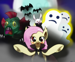 Size: 1560x1305 | Tagged: safe, artist:hoyeechun, angel bunny, fluttershy, harry, bat pony, ghost, pony, scare master, clothes, flutterbat, flutterbat costume, harry the swamp monster