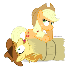 Size: 900x870 | Tagged: safe, artist:dm29, applejack, braeburn, earth pony, pony, appleoosa's most wanted, duo, hay bale, hayburn, simple background, transparent background