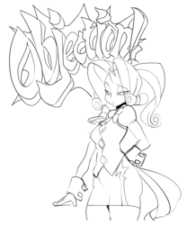 Size: 500x600 | Tagged: safe, artist:ramudey, rarity, pony, satyr, unicorn, ace attorney, clothes, crossover, female, hand on hip, looking at you, monochrome, objection, satyrized, simple background, solo, white background