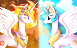 Size: 4000x2500 | Tagged: safe, artist:syubudou, nightmare star, princess celestia, alicorn, pony, crown, evil celestia, female, good vs evil, jewelry, looking at each other, mare, mirror universe, peytral, pixiv, regalia, spread wings, sun, wings