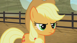 Size: 1280x713 | Tagged: safe, screencap, applejack, earth pony, pony, appleoosa's most wanted, glare, unamused