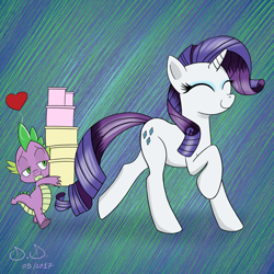 Size: 2362x2362 | Tagged: safe, artist:doppiad-doubled, rarity, spike, dragon, pony, unicorn, carrying, female, lidded eyes, male, shipping, sparity, straight