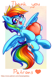 Size: 1000x1480 | Tagged: safe, artist:chaosangeldesu, derpibooru import, rainbow dash, pegasus, pony, blushing, female, flying, heart, patreon, text