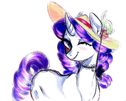 Size: 684x547 | Tagged: safe, artist:catzino, rarity, pony, unicorn, blushing, choker, female, hat, looking at you, mare, one eye closed, simple background, solo, white background, wink
