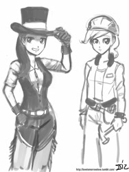 Size: 610x813 | Tagged: safe, artist:johnjoseco, ambrosia, cindy block, toffee, human, construction pony, grayscale, humanized, monochrome, sketch