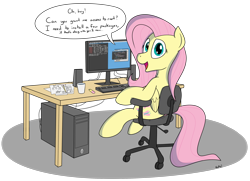 Size: 2536x1840 | Tagged: safe, artist:rapidstrike, fluttershy, pegasus, pony, chair, computer, cute, desk, flutterhacker, hacker, if that's okay with you, linux, looking at you, looking back, open mouth, shyabetes, sitting, smiling, solo