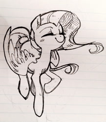 Size: 1280x1473 | Tagged: safe, artist:glacierclear, fluttershy, pegasus, pony, cute, eyes closed, female, lined paper, mare, monochrome, raised hoof, shyabetes, simple background, sketch, smiling, solo, spread wings, traditional art, white background