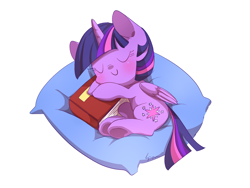 Size: 1280x960 | Tagged: safe, artist:sion, derpibooru import, twilight sparkle, twilight sparkle (alicorn), alicorn, pony, blushing, book, c:, cute, eyes closed, female, happy, mare, on side, pillow, simple background, sleeping, smiling, solo, that pony sure does love books, twiabetes, underhoof