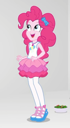 Size: 376x679 | Tagged: safe, derpibooru import, screencap, pinkie pie, better together, equestria girls, rollercoaster of friendship, clothes, cropped, cute, diapinkes, female, food, geode of sugar bombs, looking up, pantyhose, salad, sandals, shoes, skirt, smiling, solo, stress salad