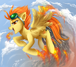 Size: 1650x1450 | Tagged: safe, artist:meotashie, derpibooru import, spitfire, badass, epic, fire, flying, goggles, looking at you, solo, spitfiery