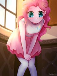 Size: 3000x4000 | Tagged: safe, artist:jeremywithlove, derpibooru import, pinkie pie, equestria girls, absurd resolution, blushing, clothes, cute, diapinkes, female, heart eyes, looking at you, pantyhose, skirt, skirt pull, smiling, solo, window, wingding eyes