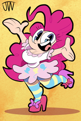 Size: 840x1260 | Tagged: safe, artist:joeywaggoner, derpibooru import, pinkie pie, human, breasts, cleavage, clothes, cute, female, high heels, humanized, looking at you, miniskirt, open mouth, pantyhose, pinkie pies, shoes, skirt, solo, striped pantyhose