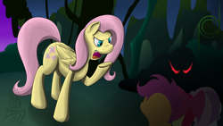 Size: 1024x576 | Tagged: safe, artist:theimmolatedpoet, apple bloom, fluttershy, scootaloo, sweetie belle, pegasus, pony, stare master, cutie mark crusaders, glowing eyes, glowing eyes of doom