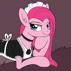 Size: 1100x1100 | Tagged: safe, artist:casualcolt, derpibooru import, pinkie pie, earth pony, pony, apron, choker, clothes, dress, female, looking at you, maid, maid headdress, mare, pantyhose, pinkamena diane pie, smiling, solo