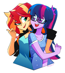 Size: 2635x2976 | Tagged: safe, artist:xan-gelx, sci-twi, sunset shimmer, twilight sparkle, equestria girls, clothes, digital art, female, glasses, simple background, smiling, transparent background