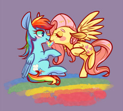 Size: 1000x900 | Tagged: safe, artist:phyllismi, derpibooru import, fluttershy, rainbow dash, pegasus, pony, beanbrows, eyebrows, eyes closed, female, flutterdash, heart, kissing, lesbian, mare, purple background, rainbow, shipping, simple background