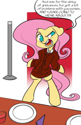 Size: 600x927 | Tagged: safe, artist:bunnimation, fluttershy, pegasus, pony, assertive fluttershy, bipedal, clothes, festivus, parody, seinfeld, solo, sweater, sweatershy