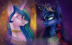 Size: 2300x1440 | Tagged: safe, artist:enjal, princess celestia, princess luna, alicorn, pony, female, horn jewelry, jewelry, looking at each other, mare, necklace, royal sisters, stars, tattoo, tribal