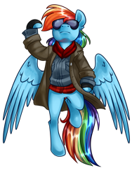 Size: 3000x4000 | Tagged: safe, artist:annakitsun3, derpibooru import, rainbow dash, pegasus, pony, clothes, coat, digital art, female, fingerless gloves, gloves, goggles, mare, simple background, solo, spread wings, sunglasses, the breakfast club, transparent background, wings