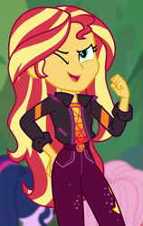 Size: 585x923 | Tagged: safe, screencap, fluttershy, sci-twi, sunset shimmer, twilight sparkle, better together, equestria girls, sunset's backstage pass!, cropped, music festival outfit