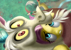 Size: 2048x1441 | Tagged: safe, artist:doathokjir, discord, fluttershy, pegasus, pony, flying, scared, selfie, sideways image