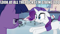 Size: 768x432 | Tagged: safe, derpibooru import, screencap, rarity, twilight sparkle, pony, unicorn, games ponies play, fucks, image macro, meme, no fucks, unamused, vulgar