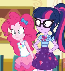Size: 517x564 | Tagged: safe, derpibooru import, screencap, pinkie pie, sci-twi, twilight sparkle, best trends forever, best trends forever: pinkie pie, equestria girls, equestria girls series, clothes, cropped, female, geode of sugar bombs, geode of telekinesis, glasses, pantyhose, ponytail, skirt, smiling