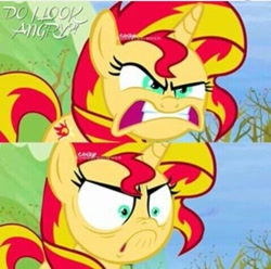 Size: 479x476 | Tagged: safe, edit, edited screencap, screencap, sunset shimmer, pony, unicorn, tanks for the memories, angry, character swap, do i look angry, faic, shrunken pupils