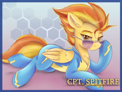 Size: 4800x3600 | Tagged: safe, artist:ardail, derpibooru import, spitfire, pegasus, pony, absurd resolution, bedroom eyes, captain, chest fluff, clothes, female, glasses, looking at you, mare, pinup, smiling, solo, stupid sexy spitfire, sunglasses, wonderbolts uniform