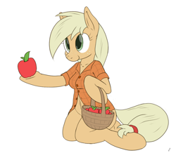 Size: 700x610 | Tagged: safe, artist:tg-0, applejack, anthro, unguligrade anthro, apple, arm hooves, basket, bottomless, breasts, clothes, female, sitting, solo