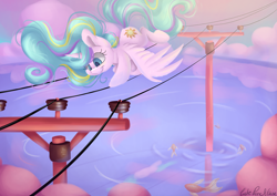 Size: 3508x2481 | Tagged: safe, artist:cutepencilcase, princess celestia, alicorn, fish, pony, behaving like a bird, cloud, cute, cutelestia, female, mare, missing accessory, power line, signature, smiling, solo, this will end in pain and/or death, water, wrong eye color