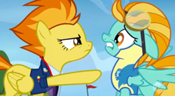 Size: 853x469 | Tagged: safe, derpibooru import, screencap, lightning dust, spitfire, wonderbolts academy, expelled, fired, floppy ears, lip bite, nose wrinkle, pointing