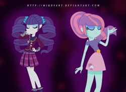 Size: 699x509 | Tagged: safe, artist:miqueart, rarity, sunny flare, equestria girls, friendship games, alternate hairstyle, alternate universe, base used, clothes, crystal prep academy uniform, eyes closed, female, school uniform, skirt, socks