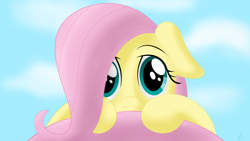 Size: 1920x1080 | Tagged: safe, artist:infinitoa, fluttershy, pegasus, pony, filly, filly fluttershy, hiding behind tail, looking at you, shy, solo