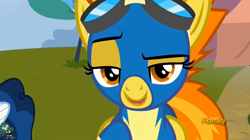 Size: 930x519 | Tagged: safe, derpibooru import, screencap, spitfire, newbie dash, discovery family logo, lidded eyes, raised eyebrow, wonderbolts uniform