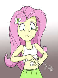 Size: 800x1064 | Tagged: safe, artist:mayorlight, fluttershy, equestria girls, bandaid, clothes, digital art, midriff, shirt lift, skirt, solo, tanktop