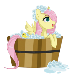 Size: 900x969 | Tagged: safe, artist:sugarcup, fluttershy, pegasus, pony, bath, cute, filly, hair over one eye, looking up, rubber duck, shyabetes, simple background, solo, transparent background