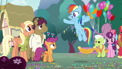 Size: 1280x720 | Tagged: safe, derpibooru import, screencap, big macintosh, cup cake, granny smith, mane allgood, pound cake, rainbow dash, scootaloo, snap shutter, sugar belle, pegasus, pony, the last crusade