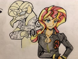 Size: 4032x3024 | Tagged: safe, artist:ponime11, sunset shimmer, anthro, equestria girls, clothes, cosplay, costume, gold experience, human anthrodox, jojo's bizarre adventure, solo, stand, traditional art