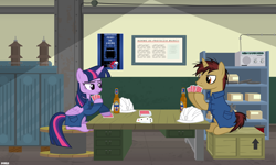 Size: 3500x2100 | Tagged: safe, artist:a4r91n, derpibooru import, twilight sparkle, twilight sparkle (alicorn), oc, oc:rivet gear, alicorn, pony, beer, bored, card, clothes, coat, female, mare, playing card, poster, radio, sitting