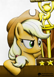 Size: 844x1200 | Tagged: safe, artist:rockingscorpion, applejack, earth pony, pony, appleoosa's most wanted, solo, trophy