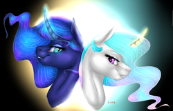 Size: 1939x1250 | Tagged: safe, artist:elenanava19, princess celestia, princess luna, alicorn, pony, bust, curved horn, cute, cute little fangs, fangs, glowing horn, magic, royal sisters