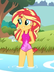 Size: 1536x2048 | Tagged: safe, artist:draymanor57, sunset shimmer, human, equestria girls, clothes, one-piece swimsuit, outdoors, river, solo, swimsuit, tree