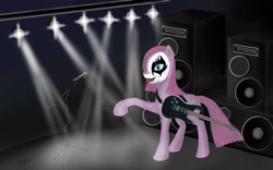 Size: 3200x2000 | Tagged: safe, artist:dezdark, pinkie pie, earth pony, pony, corpse paint, guitar, lights, metal, microphone, pinkamena diane pie, solo, stage