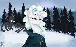 Size: 1280x800 | Tagged: safe, artist:endemy21, rarity, pony, unicorn, it isn't the mane thing about you, assassin, cloak, clothes, cloud mane, knife, raised eyebrow, snow, solo focus, tree