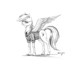 Size: 1200x978 | Tagged: safe, artist:baron engel, derpibooru import, rainbow dash, pegasus, pony, aviator glasses, backwards cutie mark, clothes, colored hooves, female, glasses, grayscale, looking at you, mare, monochrome, pencil drawing, simple background, sketch, smiling, solo, sunglasses, traditional art, uniform, white background, wonderbolts dress uniform