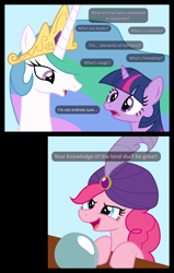 Size: 698x1097 | Tagged: safe, pinkie pie, princess celestia, twilight sparkle, alicorn, pony, betrayal, crystal ball, feather, female, fortune teller, lord british, mare, turban, ultima, ultima ix, what's a paladin?