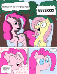 Size: 1024x1322 | Tagged: safe, artist:average-00, fluttershy, pinkie pie, earth pony, pegasus, pony, comic:opposites, comic, faic, one punch man, panic