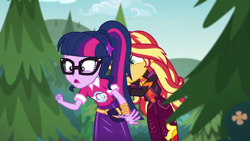 Size: 1920x1080 | Tagged: safe, screencap, sci-twi, sunset shimmer, twilight sparkle, better together, equestria girls, sunset's backstage pass!, female, geode of empathy, geode of telekinesis, glasses, magical geodes, music festival outfit, ponytail